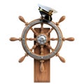 Captain hat on ship wheel isolated on white background 3d rendering Royalty Free Stock Photo