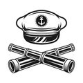 Captain hat and two crossed spyglasses vector monochrome style illustration on graphic objects isolated on white Royalty Free Stock Photo