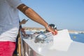 Captain at the helm yacht. Men`s hand drives a yacht. concept of sea recreation and tourism