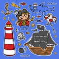 CAPTAIN HOOK AND LIGHTHOUSE Pirate Sticker Vector Collection Royalty Free Stock Photo