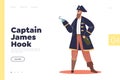 Captain James Hook concept of landing page with pirate with bottle of rum, patch on eye hook hand