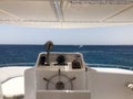 Captain`s cabin on caroble, boat with steering wheel, echo sounder, sea compass, navigator, gas grip, tachometer and speedometer,