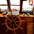 Captain's cabin and steering wheel, close-up on a yacht.