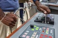 Captain`s hands at the helm of a boat Royalty Free Stock Photo