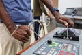 Captain`s hands at the helm of a boat Royalty Free Stock Photo