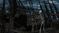 Captain skeleton in a ghost sailboat by night time