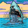 Captain of the submarine. Shark attack Royalty Free Stock Photo