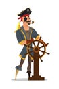 Captain at wheel flat vector illustration.