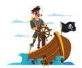 Captain at wheel flat vector illustration.