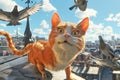 Captain Whiskers cat, a fearless ginger tomcat,daring raids against the city\'s pigeons Generative AI