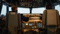 Captain and woman copilot in cockpit preparing to fly airplane