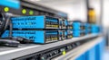 Caption: Close-up of blue server racks in a modern data center, showcasing advanced technology, AI Royalty Free Stock Photo