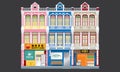 Colorful and historical colonial style three storey shophouses. Linked. Royalty Free Stock Photo