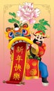 Chinese wealthy god with a Chinese lion, red couplet and peony flower background. Royalty Free Stock Photo