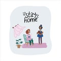 Caption Stay at home in a doodle style. Vector flat illustration girl and mom with a cat in her arms, at home. Labels