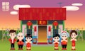 Happy Chinese family and their warm traditional house. Various types and colours.