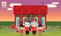 Happy Chinese family and their warm traditional house. Various types and colours.