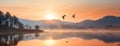 Evening sunset with warm feeling and birds flying over a lake Royalty Free Stock Photo