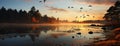 Evening sunset with birds flying over river landscape Royalty Free Stock Photo