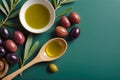 Green Background with Olives and Olive Oil, Stock Pic, AI Generated