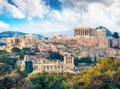 Captivatin spring view of Parthenon, former temple, on the Athenian Acropolis, Greece, Europe. Colorful morning scene in Athens. Royalty Free Stock Photo