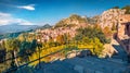 Captivatin summer view of Taormina town and Etna volcano on background. Beautiful world of Mediterranean countrys. Splendid mornin Royalty Free Stock Photo