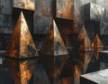 A captivating abstract composition featuring geometric metallic pyramids reflecting on a dark Royalty Free Stock Photo