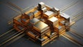 Abstract golden cube structure with connecting lines, digital art Royalty Free Stock Photo
