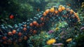 Abstract DNA helix structure with glowing orange and blue spheres in a lush fantasy garden, detailed nature Royalty Free Stock Photo