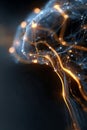 Abstract representation of a glowing neural network or artificial intelligence brain with interconnected lines and dots on a dark Royalty Free Stock Photo