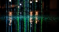 Abstract representation of digital data flow with glowing binary code numbers on a reflective surface. Royalty Free Stock Photo