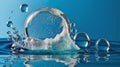 Dynamic Water Splash with Clear Spheres on Blue Background Royalty Free Stock Photo