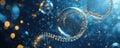 Abstract image of transparent bubbles with golden particles on a blue background symbolizing scientific innovation and
