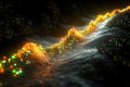Abstract dynamic data stream or energy wave with glowing yellow and green particles on dark surface. Royalty Free Stock Photo