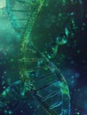 A captivating abstract representation of a luminous double helix DNA structure against a backdrop of deep green and blue