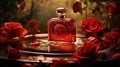 A captivating advertisement showcasing a luxurious perfume bottle nestled amidst a bed of blooming roses. AI Generative