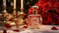 A captivating advertisement showcasing a luxurious perfume bottle nestled amidst a bed of blooming roses. AI Generative