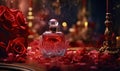 A captivating advertisement showcasing a luxurious perfume bottle nestled amidst a bed of blooming roses. AI Generative