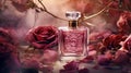 A captivating advertisement showcasing a luxurious perfume bottle nestled amidst a bed of blooming roses. AI Generative