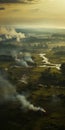 Captivating Aerial Photography: Fire And Mist Rising In Serene Pastoral Scenes