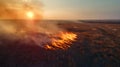 Aerial view of wildfire at sunset, vivid flames and smoke. environment, emergency and nature. . AI