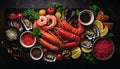 Captivating aerial view of a mesmerizing assortment of fresh oceanic delicacies on ice fragments