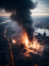 Aerial view of a big fire in the city at night.