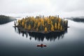 Captivating Aerial View. Tranquil Autumn Lake with Serene Rowing Activity in a Peaceful Single Boat