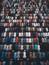 Aerial view of the crowd of Muslim people attending a religious ceremony.