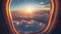 captivating airplane window view: beautiful sunset, sky, and flying aircraft in aerial perspective Royalty Free Stock Photo