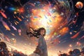 Captivating Anime Artwork A Girl Amidst Swirling Galaxies, Merging Sci-Fi And Beauty