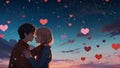 captivating anime illustration featuring an adorable young couple expressing deep affection and love