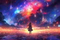 A Captivating Anime Moment A Girl Contemplates The Starry Sky, Immersed In Vibrant Nightscapes