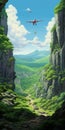 Captivating Anime Scenery: A Majestic Plane Soars Over A Breathtaking Canyon